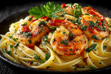 Delicious shrimp scampi pasta with garlic white wine sauce, perfectly plated linguine and parsley garnish for gourmet appeal
