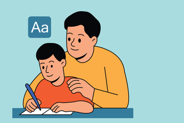 Father guiding son in writing practice Represents early childhood education parental support homeschooling and family involvement in kids learning process