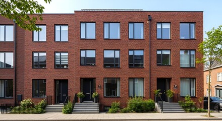 Exterior view of modern brick townhouses with black framed windows and doors on a sunny day scene