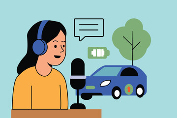 Podcaster discussing sustainable transportation and electric car technology, highlighting the importance of renewable energy.