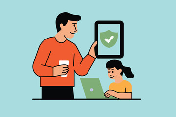 Father teaching child about internet safety and online protection Shows digital awareness parental guidance cybersecurity and family safe technology use