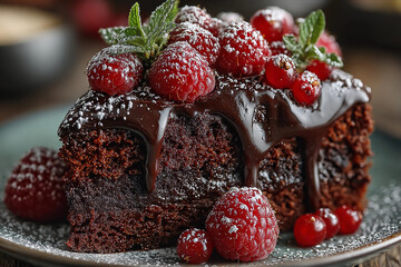 Decadent slice of chocolate cake with glossy ganache, fresh raspberries, and powdered sugar served on a stylish plate