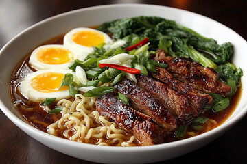 A steaming bowl of rich, savory ramen with tender pork slices, soft-boiled egg, scallions, and fresh greens in aromatic broth
