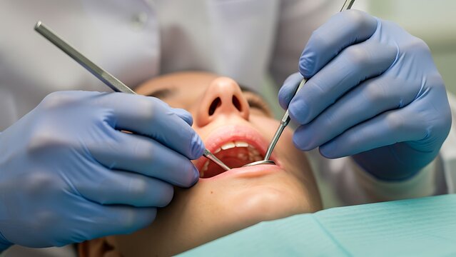 Dentist examining patient s teeth with dental tools