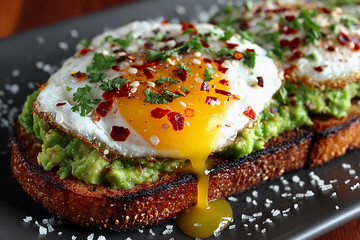 Freshly made avocado toast with poached egg and chili flakes, vibrant breakfast dish with oozing yolk and gourmet texture