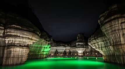 Crystal cave where luminescent minerals project shifting constellations onto ceiling, their blue green light amplified by underground water mirrors