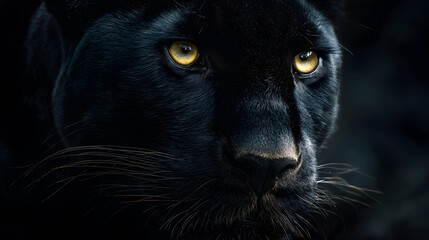 Intense close up portrait of a majestic black panther with piercing yellow eyes in darkness