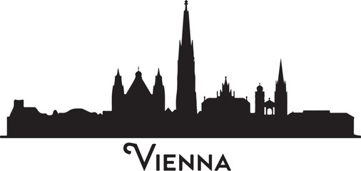 Naklejka premium Black Silhouette of Vienna Skyline Featuring St Stephens Cathedral and Historic Architecture in Classic European Cityscape on White Background