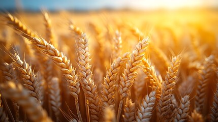 Fototapeta premium Golden Wheat Field At Sunset Agricultural Landscape High Resolution Photo