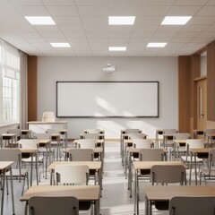 Sunlit Modern Classroom: Empty Desks and Whiteboard, Minimalist Design