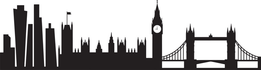Obraz premium Black silhouette skyline of London featuring Big Ben and Tower Bridge black and white