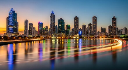 Obraz premium Panama City skyline at dusk with long exposure light trails reflecting on water