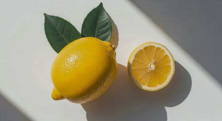 A whole lemon and a half lemon with leaves on a white surface.