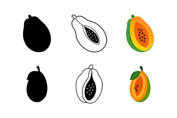 Set of Papaya silhouette vector line art illustration