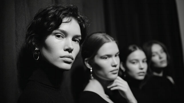 Mysterious quartet of pensive women in chiaroscuro whispers avant-garde elegance, echoing Art Deco nostalgia, Lunar New Year musings