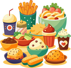 A variety of potato dishes (fries, mash, chips, baked) arranged in a festive style icon