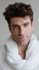 Obraz premium Mystical gaze of a Caucasian man draped in ethereal white, embodying Hygge serenity and Winter Solstice whispers