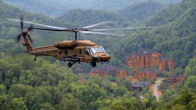 Military Helicopter Soaring Over Mountain Resort