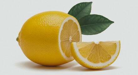 Lemon with slice and leaves on a light background.