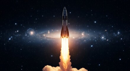 Obraz premium Spectacular rocket launch against the backdrop of a vibrant cosmic galaxy full of stars and a nebula