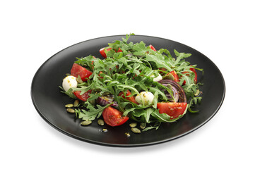 Tasty salad with arugula, mozzarella and vegetables isolated on white