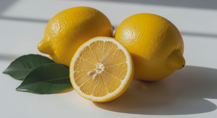 Two whole lemons and one half lemon with leaves on a white surface.