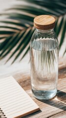 Glass water bottle casting palm shadows, eco-chic minimalism, tropical vibes, World Water Day reflection and mindful journaling