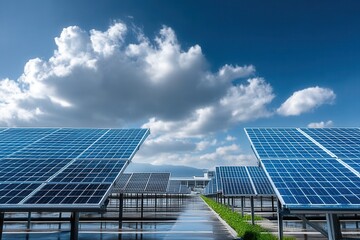 Solar panels spread across vast industrial field under bright skies