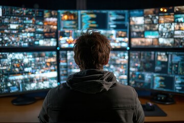 Person programming in a dark room with multiple monitors displaying code and data