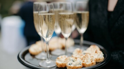 Effervescent champagne glasses clink beside miniature pate feasts, embodying La Tomatina spirit and Gallic revelry under twilight's embrace