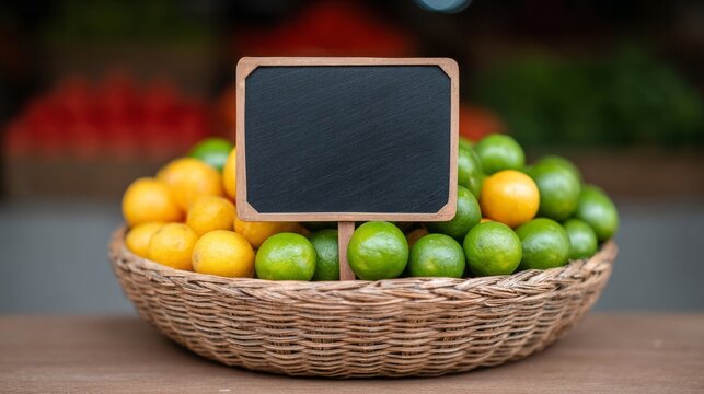A wicker basket brimming with zesty oranges and limes cradles an empty chalkboard, whispering of citrusy solstice celebrations