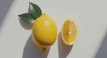 A lemon and a lemon half with leaves on a white surface.