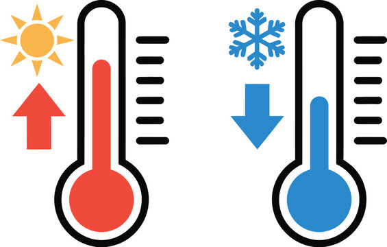 Hot and Cold Temperature Icons Red and Blue Thermometers with Sun and Snowflake
