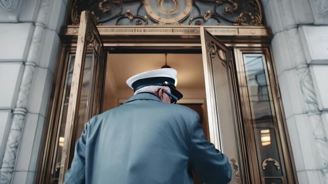 Elegant doorman welcomes guests at luxurious entrance in vibrant city setting near sunset