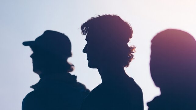 Silhouetted trio gazing horizon, mysterious twilight aura, echoing Moomba Festival unity, cross-cultural connection, diverse storytelling ensemble