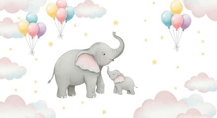 Naklejka premium Baby Elephants and Balloons - Adorable illustration of mother and baby elephant with pastel balloons and clouds. Perfect for nursery decor, children's books, or prints