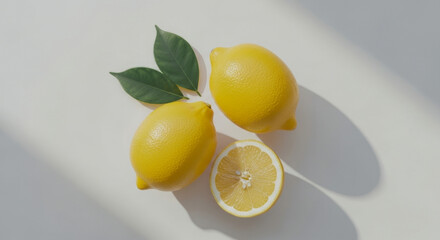 Three lemons with leaves on a white surface with sunlight and shadows.