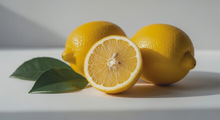 Three lemons one cut in half with leaves on a white surface.