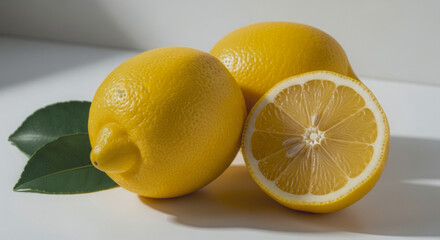 Three lemons two whole one sliced with green leaves on a white surface.
