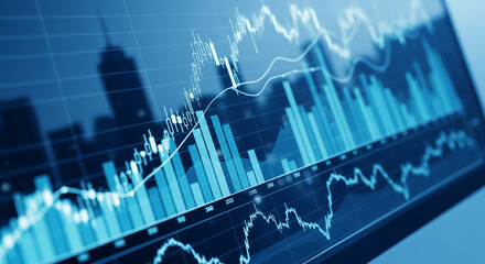 Close-up of financial charts displayed on screen, showing lines and bars indicating market trends, symbolizing growth, investment, and data analysis in the business sector