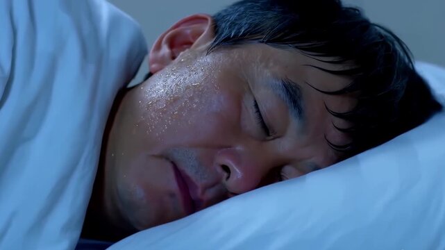 A man suffers from insomnia and night sweats late at night.