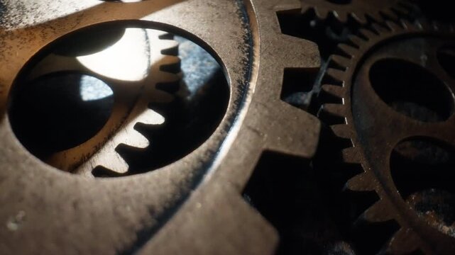 Close up of metal gears and cogs of a vintage clock