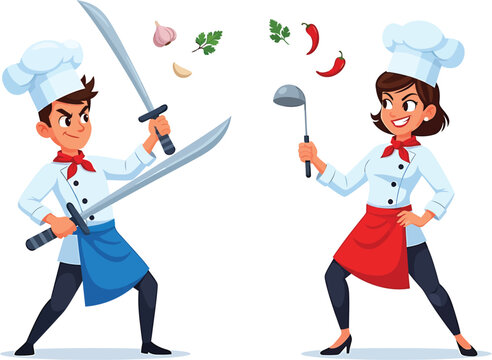 Two cartoon chefs, a man and a woman, face each other in a playful battle with kitchen tools and ingredients, suggesting a culinary competition.
