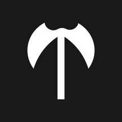 White double headed axe symbol on a black background