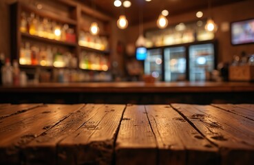 Rustic wooden bar table offers warm, inviting atmosphere for drinks dining. Blurred background features shelves stocked with bottles, soft ambient lighting, creating cozy evening setting in pub