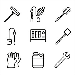 Obraz premium Cyrillic transparent labels cleaner tank icons aquaponics icon gear scraper vector no