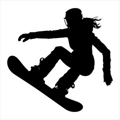Black silhouette of a snowboarder in white background