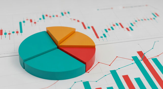 3D pie chart with teal, orange, and red segments, positioned on a financial report showing bar and line graphs, illustrating data analysis and business performance