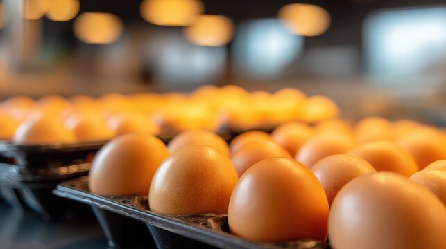 A close-up image of several brown eggs neatly arranged in a black carton with a blurred background of more eggs.