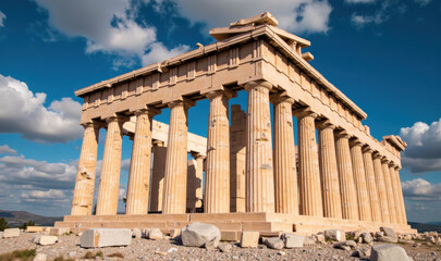 Obraz premium Parthenon is ancient temple showcasing classical architecture and historical significance, surrounded by scenic landscape